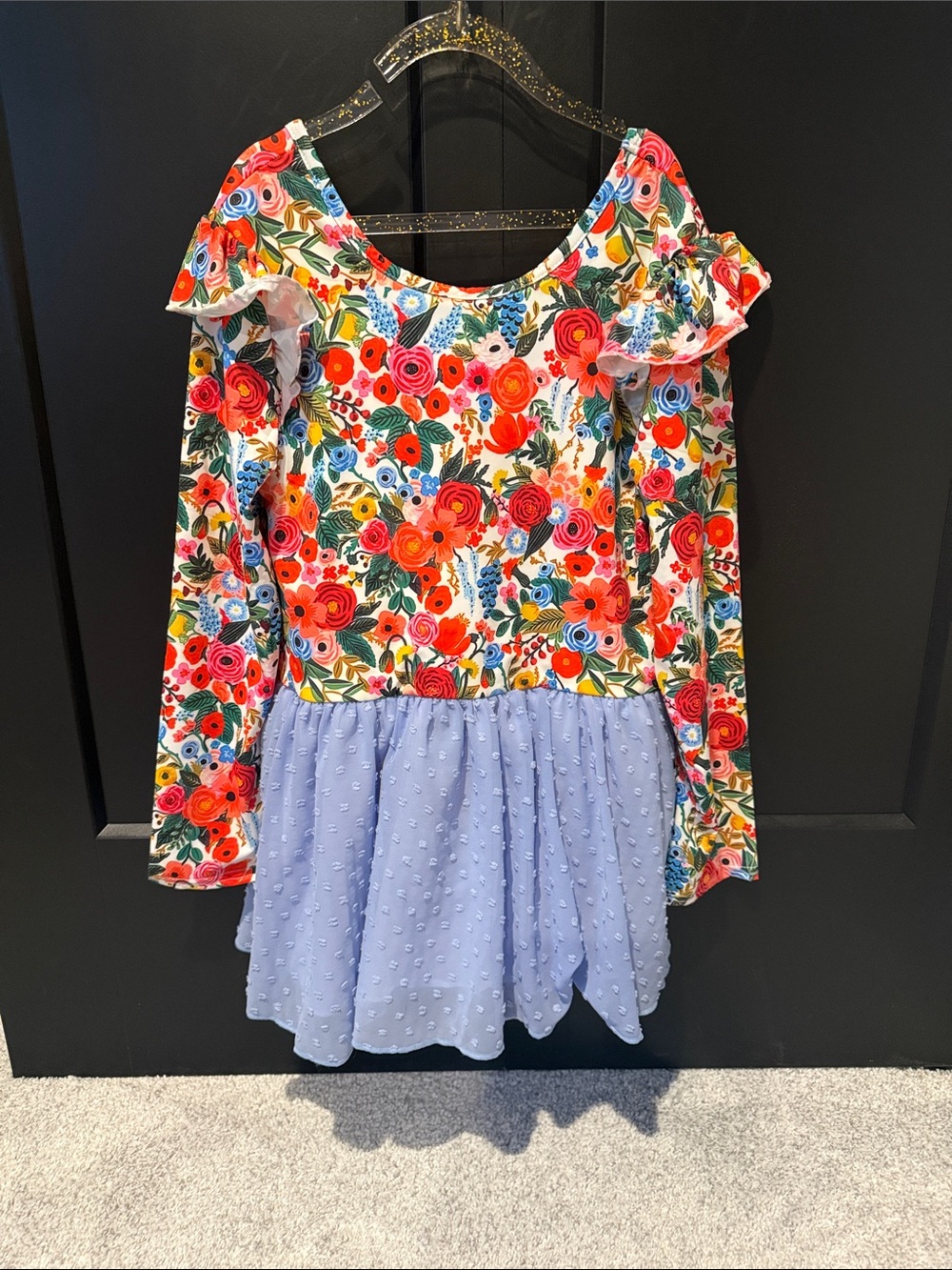 Girls Floral Ruffle Cold-Shoulder Swim Suit in Multicolor and Light Blue